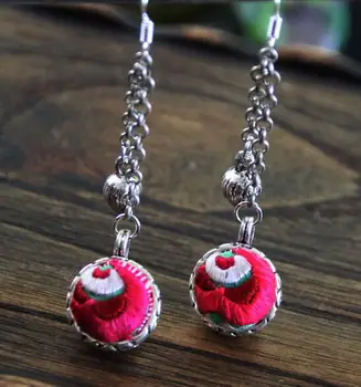 

Vintage ethnic style tassel silver hook Tibetan silver classic embroidery long earrings Yunnan old embroidered earrings special