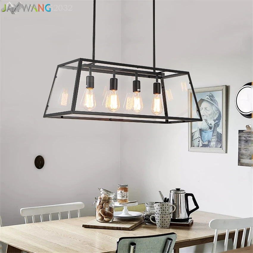 

Loft Retro Iron Acrylic Box Pendant Lights Restaurant Rectangular Dining Living Room Coffee Shop Vintage LED Lamps Fixtures