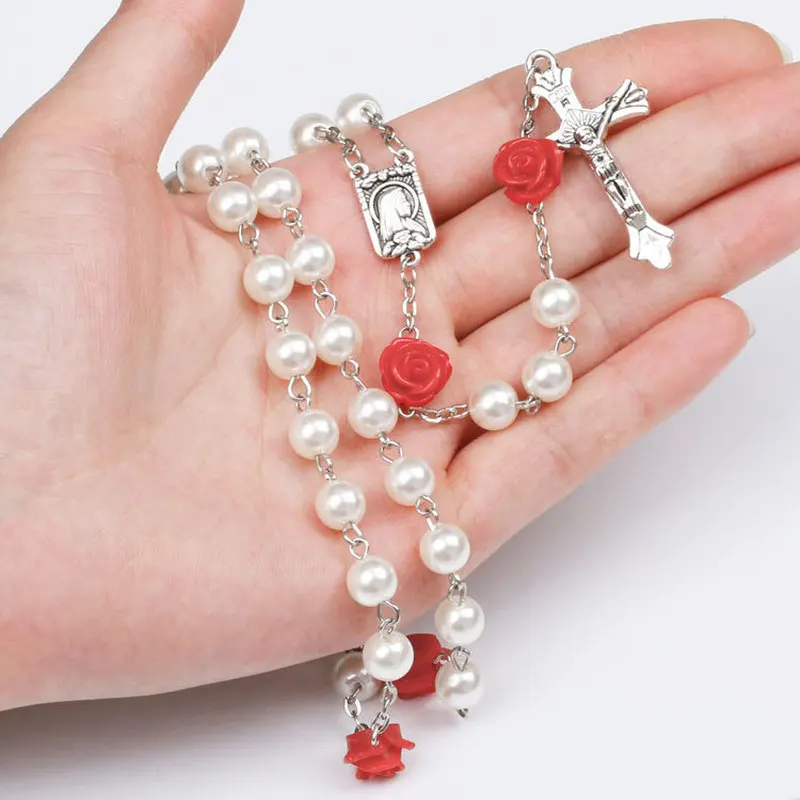 4 Colors Simulated Pearl Beads Rose Rosary Necklace Virgin Mary