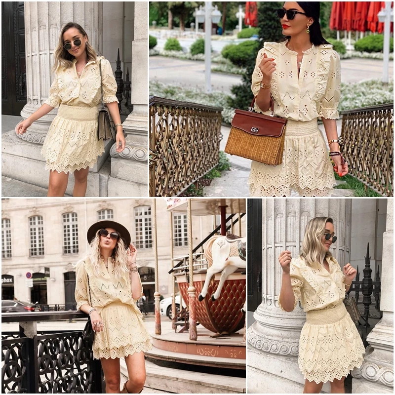 JaMerry Elegant embroidery lace blouse women Summer short sleeve ruffle hollow out tops Fashion ladies solid blouses and tops