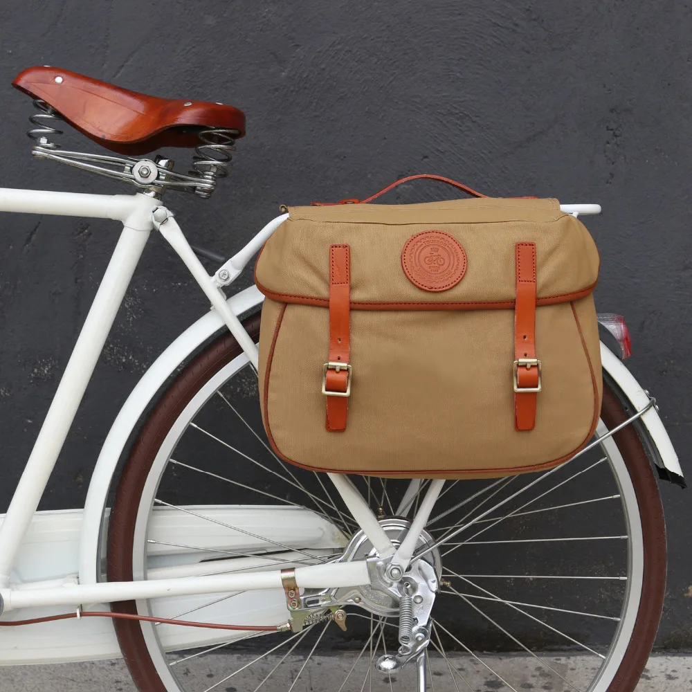 Tourbon Retro Bicycle Pannier Bag Rear Rack Trunk Bike Backseat Luggage Double Roll Up Vintage Waxed Waterproof Canvas Khaki Travel Rucksack
