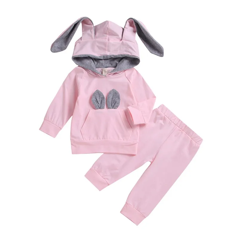 

Autumn Baby Girls Adorable Solid Outfits Set Toddler Warm Hoodie Rabbit Ear Sweatshirt Trousers Pants Children Clothes