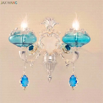 

European bedside wall lamp royal style Crystal Wall single head double head French blue luxurious royal princess room wall Lamp