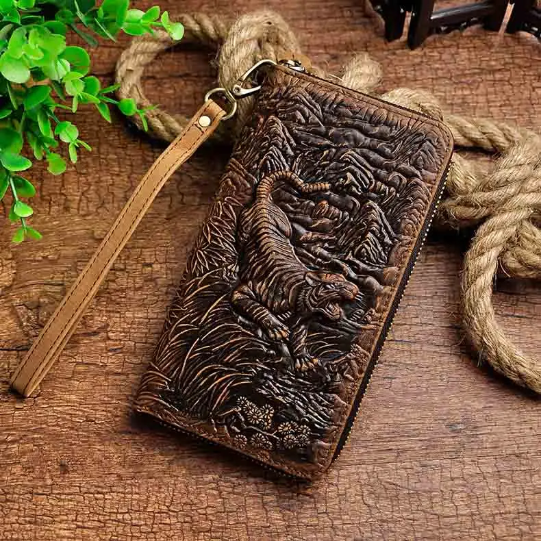 Brown Tiger Мужской кошелек из натуральной кожи, модный держатель для карт, Чековая книжка на молнии, дизайнерский клатч 1016 - Цвет: Brown Tiger