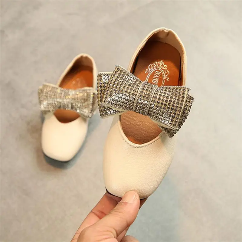 Infant Girls Crystal Bowknot Solid Leather Princess Single Shoes for