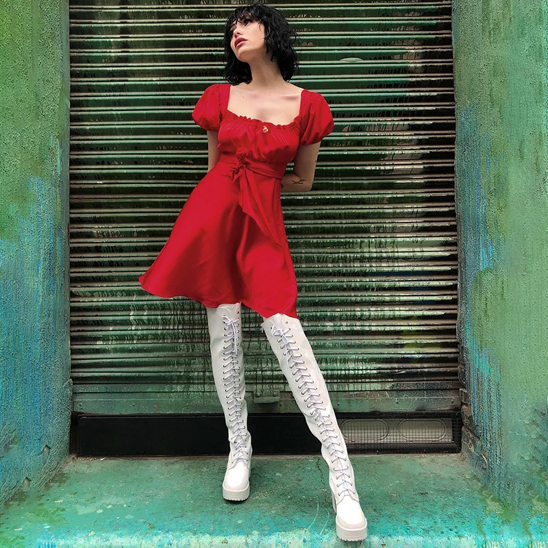 

Summer Women Sexy Puff Sleeve Dress Vintage Square Neck Red Mini Stain Dress Women Party Dresses Female Elegant Casual Dress