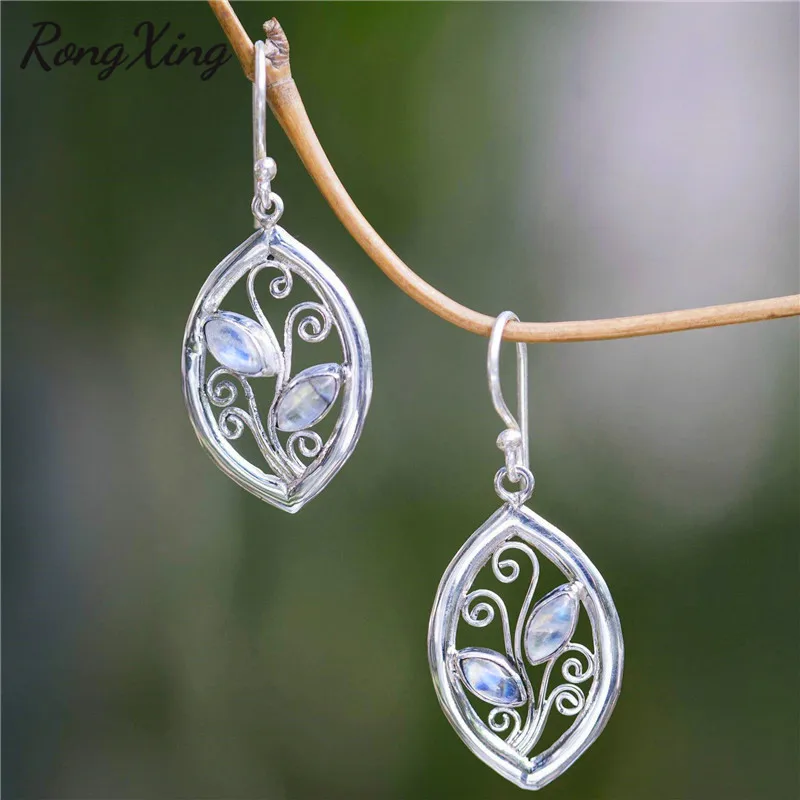 

RongXing Creative Leaf Shaped Moonstone Earrings for Women Vintage Fashion Silver Boho Drop Earrings 2018 Female Dangle Jewelry