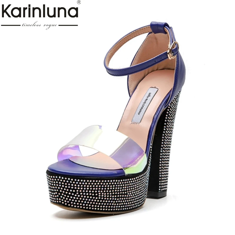 

Karinluna Big Size 44 Patent Pu Leather High Heel Platform Crystal Shoes Woman Casual Party Ol Sexy Summer Sandals