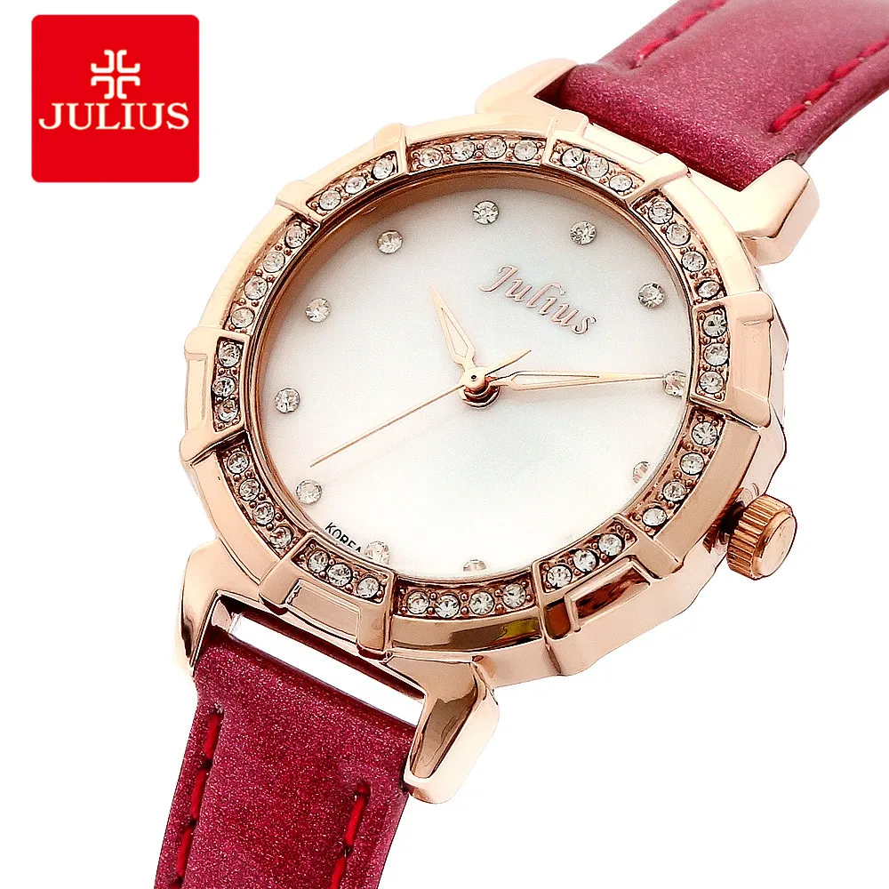 

2018 Julius Watch Luxury Crystal Gold Watches Fashion Brand Women Leather Wrist Watch Nickle Free IP Plating Watch Small Dial D1