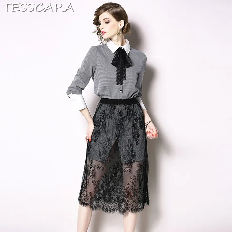 

TESSCARA Women Elegant Office Dress Suit Set Festa Robe Femme High Quality Fashion Designer Female Plaid Shirt Lace Vestidos