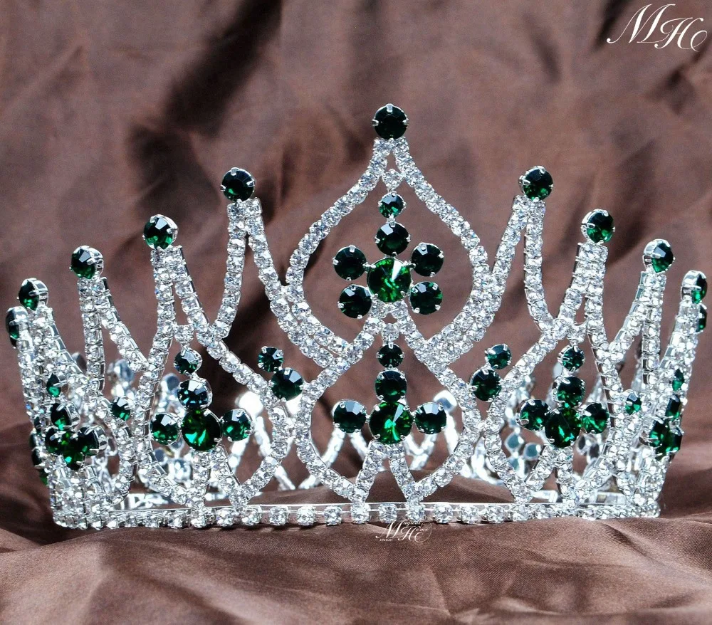 Simulated Emerald Tiara Full Round Crowns Rhinestones Crystal