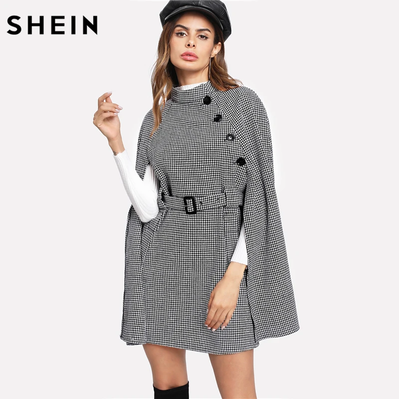 SHEIN Многоцветное Элегантное Модное Клетчатое Пончо С Поясом Винтажное Длинное Пальто На Пуговицах