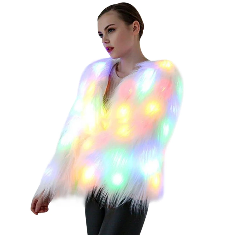

6XL Women Faux Fur LED Light Coat Christmas Costumes Cosplay Fluffy Fur Jacket Outwear Winter Warm Festival Party Club Overcoat