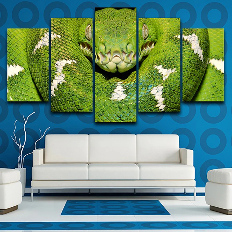 Living Room Frame HD Home Decor Printed Pictures 5 PiecePcs Green Snake Animal Modern Canvas Painting Wall Art Modular Poster | Дом и сад