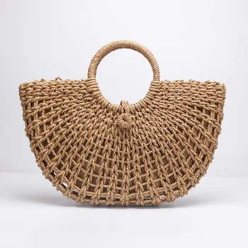 

New straw bag paper rope round bucket hollow woven bag retro casual belt buckle hand bag
