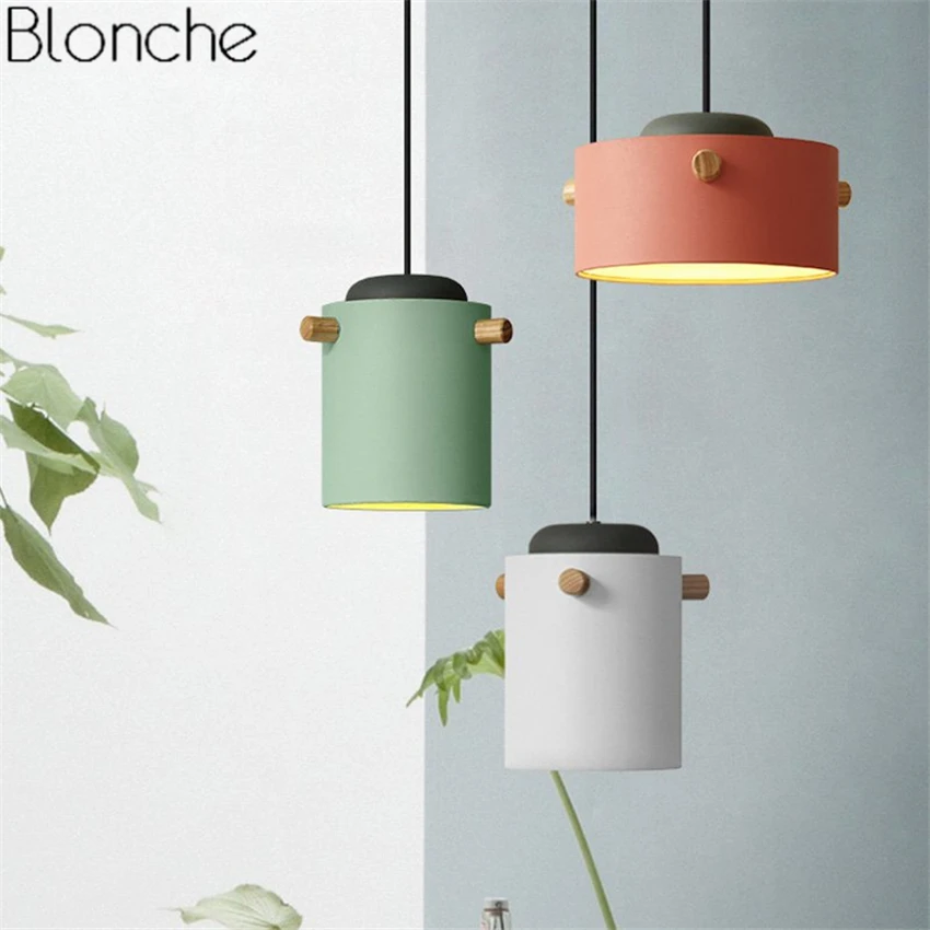 Nordic Wood Iron Pendant Lights Macaron Lampshade Led Hanging Lamp Industrial Decor Home Fixtures Kitchen Bar Lighting Luminaire | Лампы и