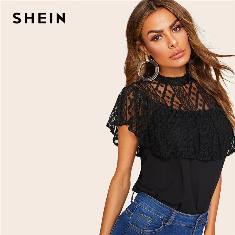 SHEIN Офисная Женская Черная кружевная блузка с рюшами кружевной топ рукавами