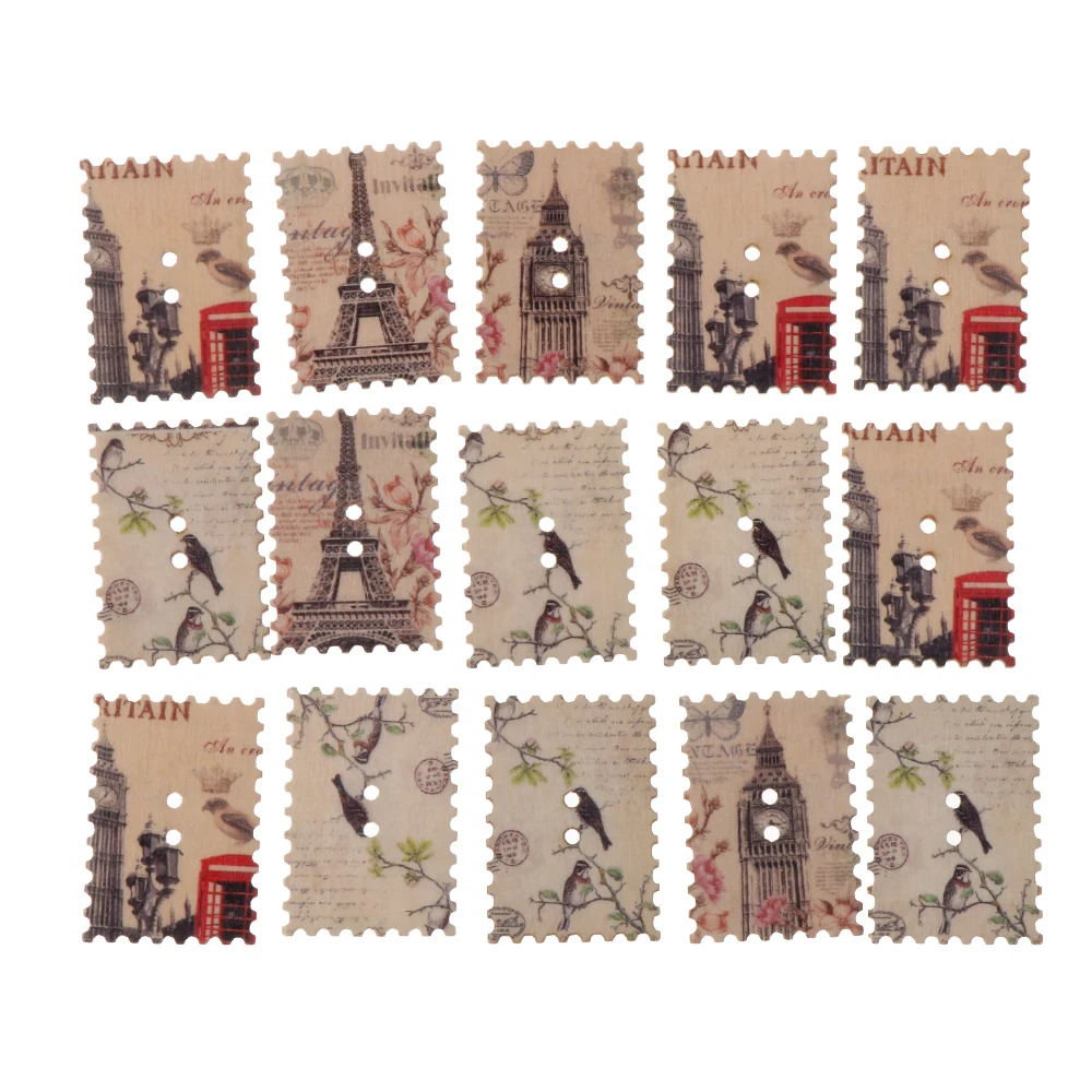 

New 30pcs Eiffel Tower Postage Stamp Shpae Wooden Sewing Buttons Handmade Scrapbooking DIY Craft Cloth Accessories