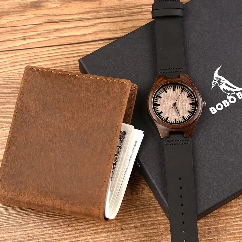 Personalized Bifold Wallet and Wooden Watches for Men Engraved Family Gift for Son Dad
