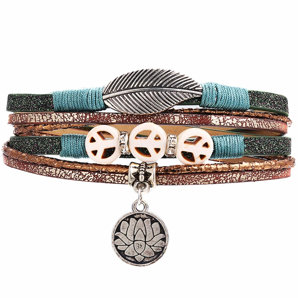 IF ME Vintage OM Yoga Leather Bracelet for Women Trendy Multiple Layers Pendant Leaf Tree Rope