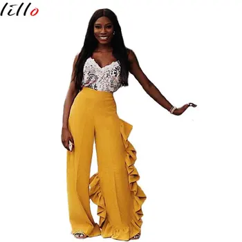 

2019 women's personality wide-leg pants fashion solid color ruffled side wide leg pants yellow micro-ra-type street tide irregul