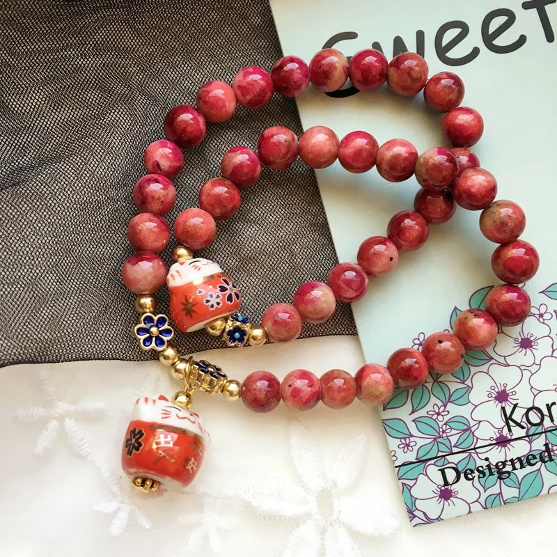 

High Quality Trendy Fresh Lucky Cat Pendant Stone Crystal Beads Strand Bracelets Fashion Jewelry For Woman Party Gift-SWCYBL001