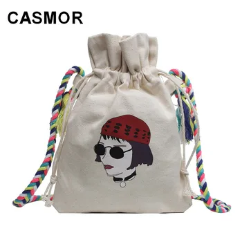 

CASMOR Casual Harajuku Bucket Bag 2019 Women Canvas Interesting Cartoon Printing Drawstring Totes Fashion Shoulder Crossbody Bag