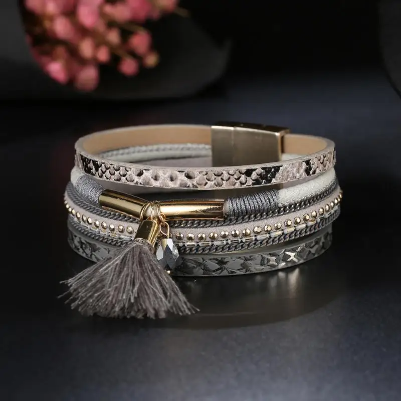 Europe Fashion crystal Multilayer Wrap Alloy PU Leather Bracelets & Bangles High quality Tassel Magnetic Buckle Pulseras gift