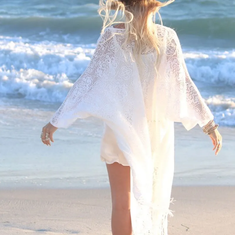 Women Fringe Lace kimono cardigan White Tassels Beach Cover Up Cape Tops Blouses damen bluze