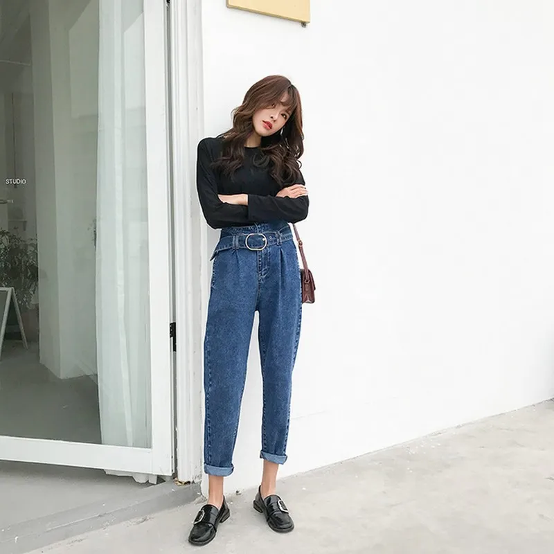 Boyfriend Jeans For Women Fashion Loose Women Jeans With High Waist Personality Asymmetrical Belt Vintage Denim Pants