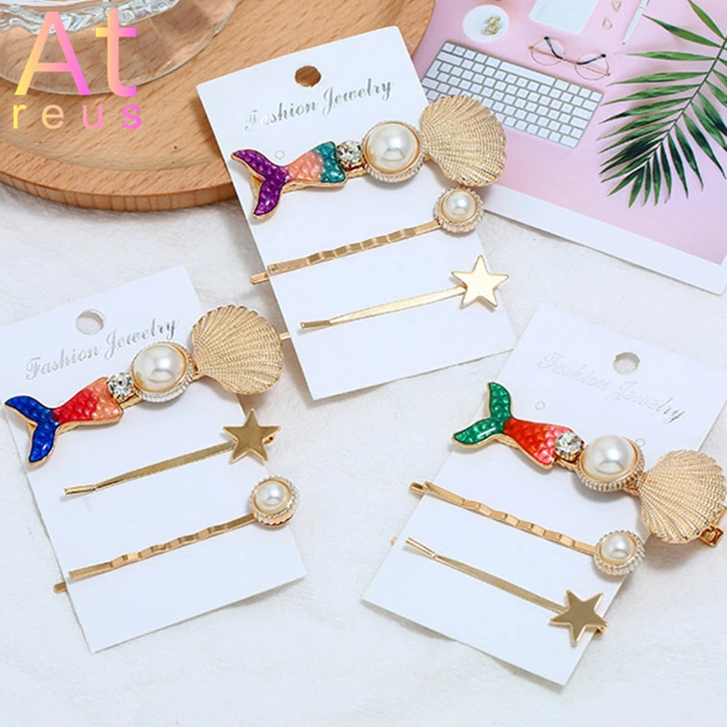 

Gradient Color Mermaid Tail Hairpins For Women Girls Headwear Big Gold Metal Shell Hairclips Simulate Pearl Star Hairgrips Set