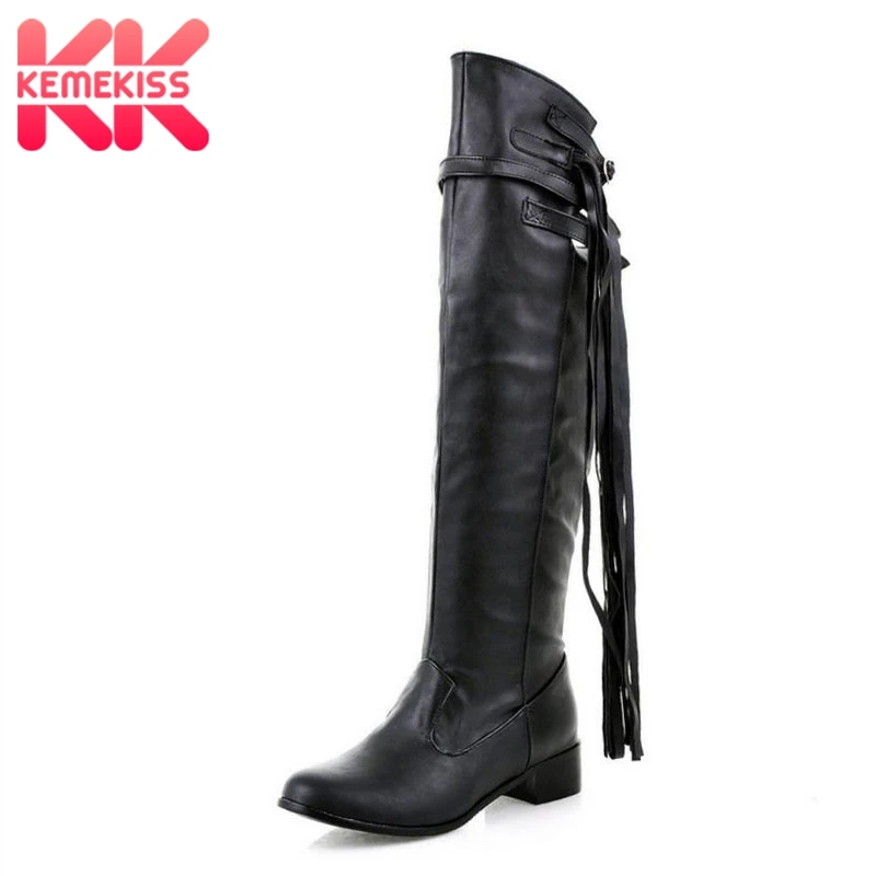 

KemeKiss Plus Size 34-47 Women Flats Boots Tassels Metal Buckle Warm Over The Knee Boots Fashion Classic Winter Women's Shoes