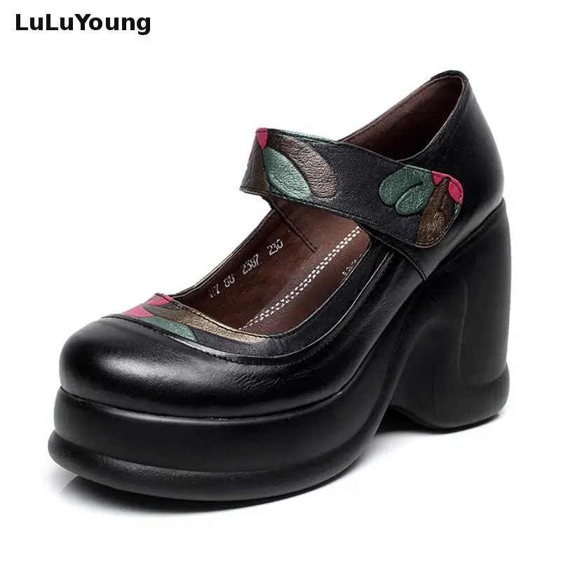 genuine leather shoes platform shoes high heel pumps black color wedges shoes for woman sy 2010