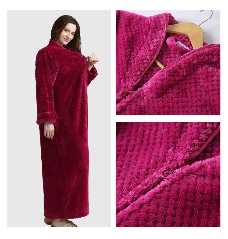 Women Long Zipper Robes Winter Full Sleeve Noble Bathrobe Soft Warm V Neck Sleepwear Dressing Gown With Pockets Szaty Vestaglie