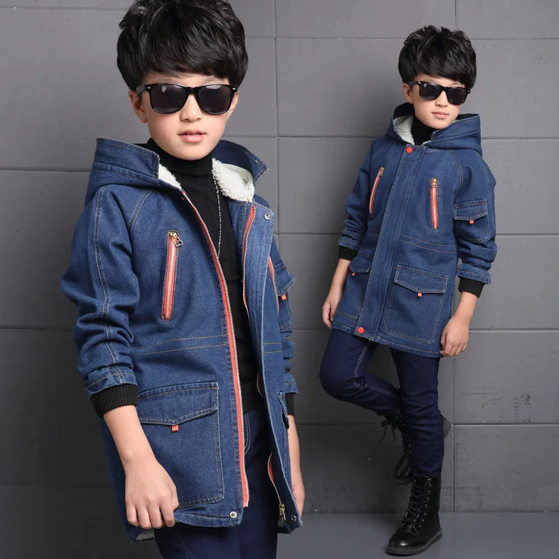 Hot Winter Big Boy Long Jean Coat Cotton padding Kid Hooded Overcoat High Quality Denim Children