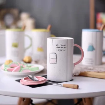 

Creative Pure Color Milk Coffee Water Ceramic Mug Tea Cup Cartoon Kitty Home Office Cup With Spoon And Cover