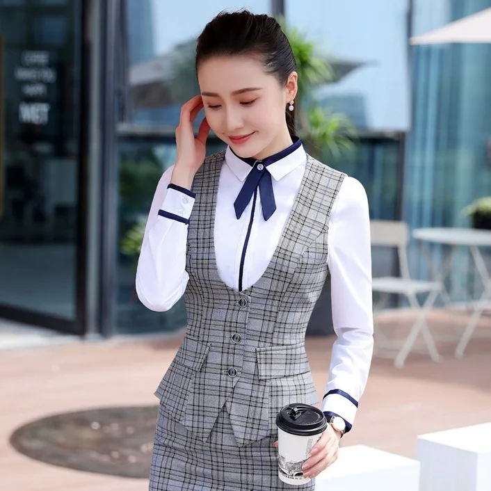 

Formal Fashion Ladies Grey Plaid Vest Women Waistcoat Work Wear Business Clothes Office Uniform Styles