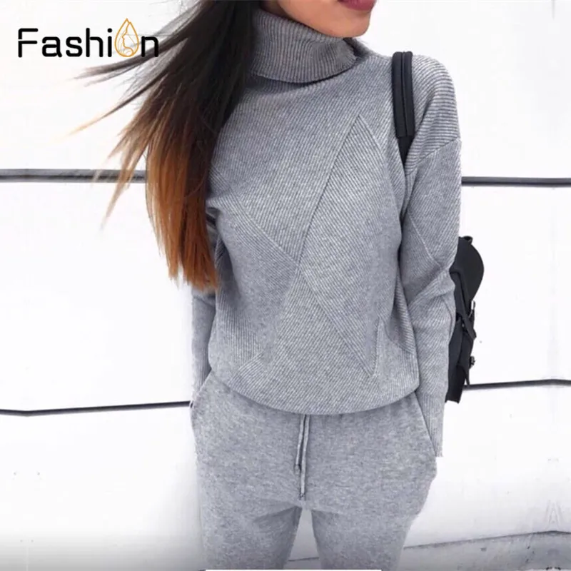 Autumn Winter Knitted Tracksuit Turtleneck Sweatshirts Casual Suit Women Clothing 2 Piece Set Knit Pant Sporting Suit Female