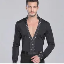 Мужская рубашка для латины для взрослых латинские танцевальные топы Одежда для танцев глубокий v-образный вырез мужской длинный рукав для танцев платье вальс/Танто/Румба Одежда для танцев