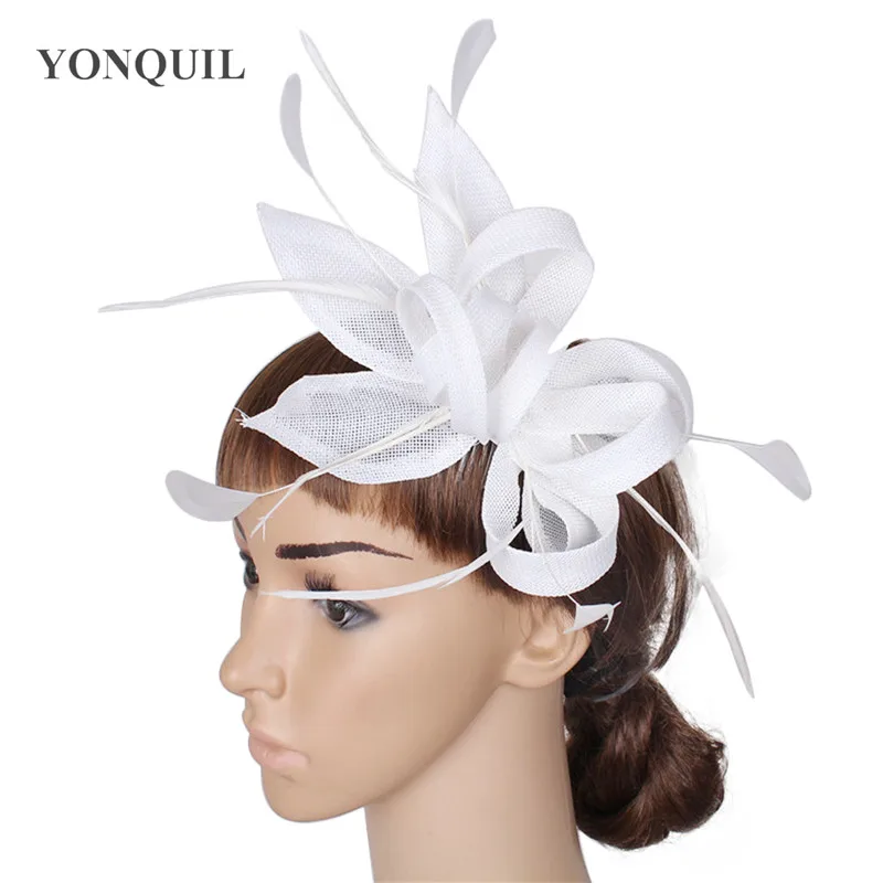 

White Party hair fascinators hat Imitation Sinamay headwear headband with feather headpiece ladies fashion headwear party SYF59