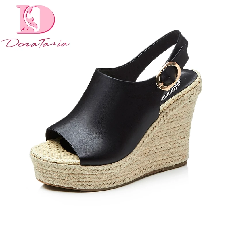 

DoraTasia Brand New Cow Genuine Leather Woman Buckle Strap Wedges High Heel Women Shoes Platform Summer Sandals Women