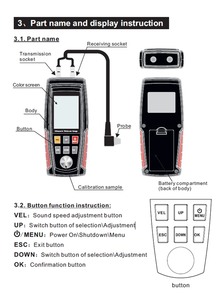 WT130A Digital Ultrasonic Thickness Gauge Sheet Metal Plastic Glass Tester Range:1.0-300mm steel Color LCD Sound Velocity Meter