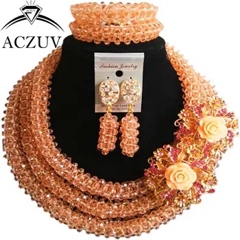 

ACZUV Latest Peach Crystal African Fashion Beads Necklace and Earrings Bracelet Nigerian Wedding Jewelry Sets B3R021