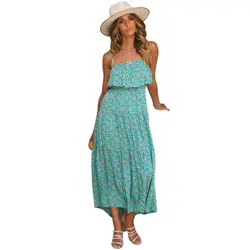 Плиссированные пляжные Спагетти ремень дамы праздник Макси слинг повседневное свободные женское платье летняя мода цветочный