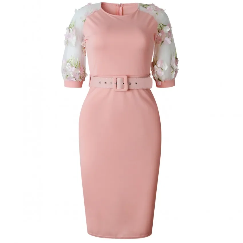 Женское элегантное офисное платье, лето-осень, женское платье-футляр в стиле пэчворк, с рукавом до локтя, с поясом, Vestidos, женские вечерние платья миди - Цвет: Розовый