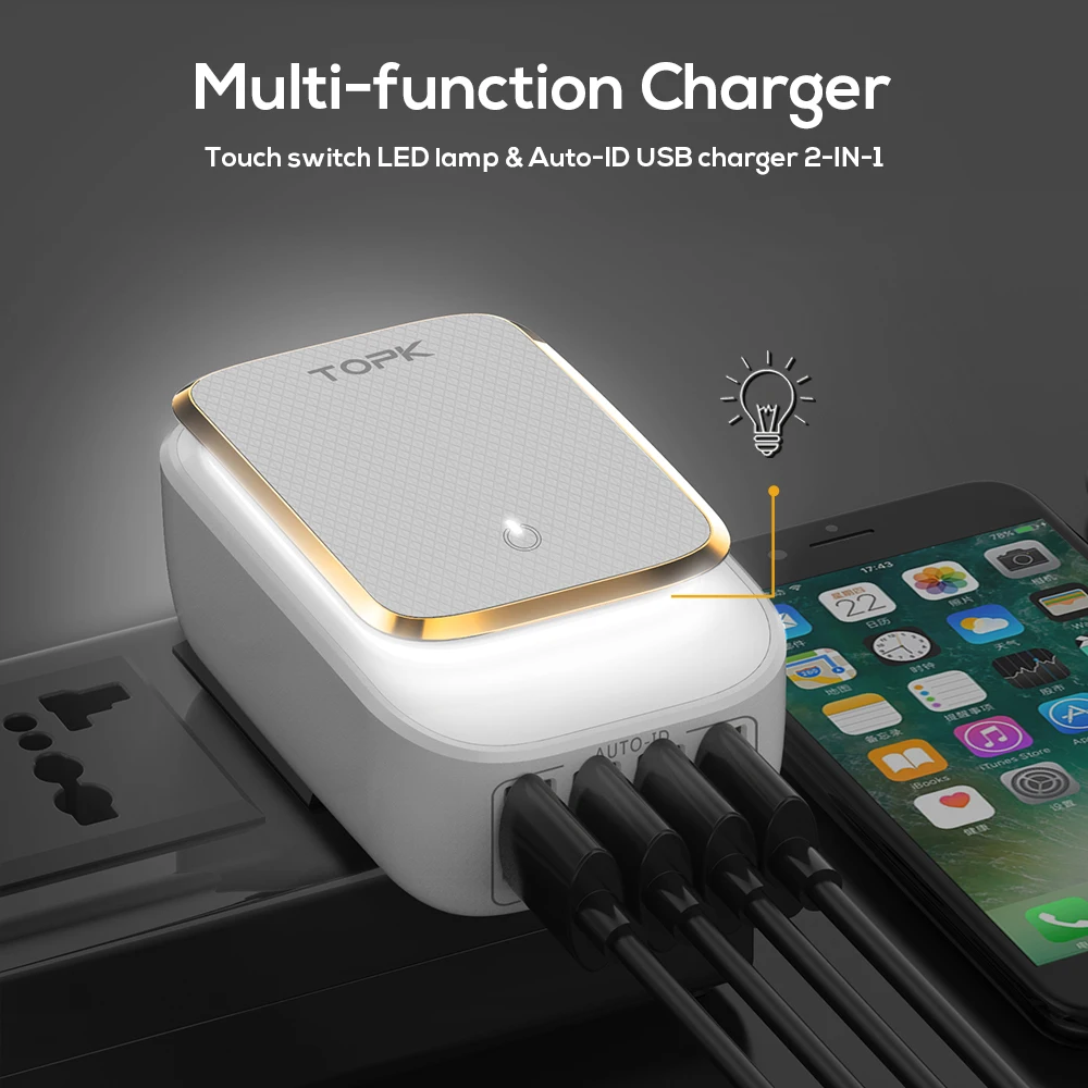 TOPK L-power 22 Вт 4.4A(макс.) USB зарядное устройство для iPhone 8X7 6 светодиодный светильник Smart Auto-ID USB настенное зарядное устройство для мобильного телефона EU/US/UK