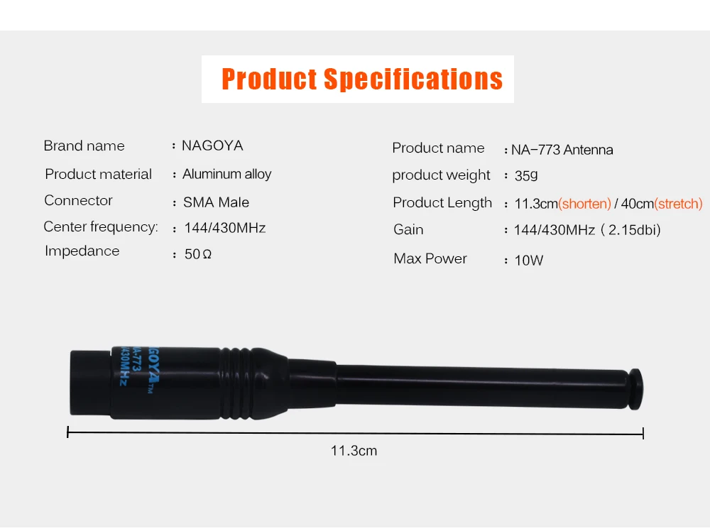 Оригинал, NAGOYA NA-773 SMA-M мужской Выдвижная DUAL BAND 144/430 МГц 2,15 dBi двухстороннее радио УКВ ручной антенна