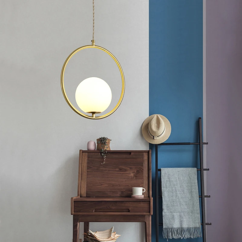 

Nordic simple personality bedroom creative living room dining room circle ring geometry round copper single head chandelier