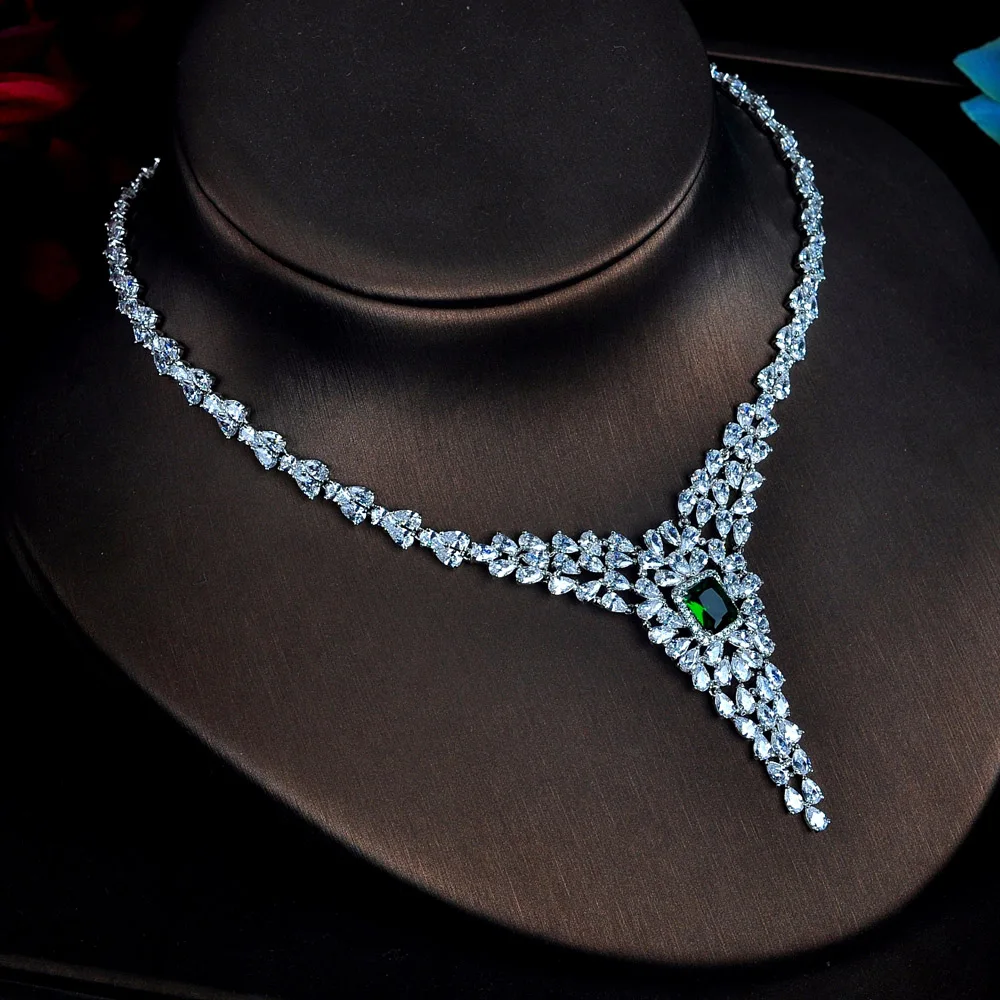 Ceny HIBRIDE unikalna konstrukcja pełna Cubic cyrkon kobiety zestawy biżuterii dla nowożeńców zielony wisiorek naszyjnik damska biżuteria zestaw akcesoria N 616