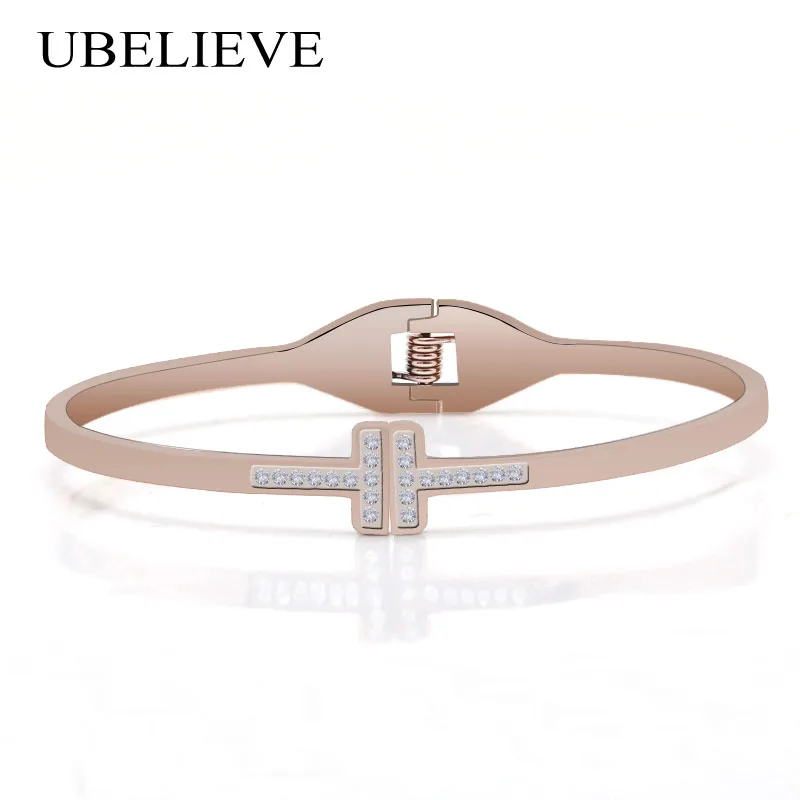 

UBELIEVE Fresh Fashion Bangles Luxury Classic Bangles 316L Stainless Steel Bracelet Rose Gold Color Crystal Cuff For Men/Women